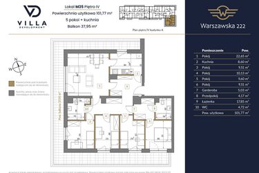 Rzut - Mieszkanie na sprzedaż 5 pokoi o powierzchni 101,77 m² - numer 35A w Warszawska 222