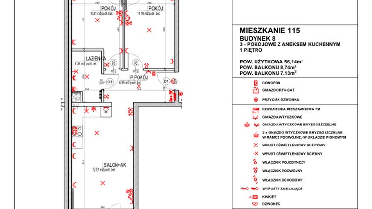 Rzut - Mieszkanie na sprzedaż 3 pokoje o powierzchni 56,14 m² - numer 8.115 w Osiedle 4 Pory Roku - Etap VII
