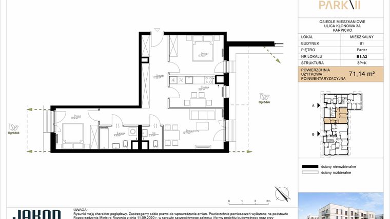 Rzut - Mieszkanie na sprzedaż 3 pokoje o powierzchni 71,14 m² - numer B1.A2 w Merano Park II