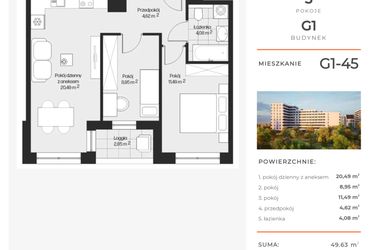 Rzut - Mieszkanie na sprzedaż 3 pokoje o powierzchni 49,63 m² - numer G1-45 w Piasta Park VI