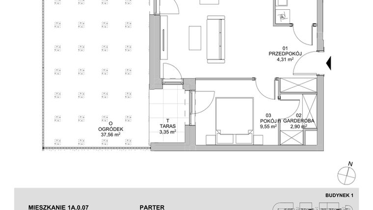 Rzut - Mieszkanie na sprzedaż 2 pokoje o powierzchni 47,76 m² - numer 1A.0.07 w Francuska Park VIIIB