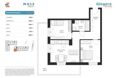Rzut - Mieszkanie na sprzedaż 3 pokoje o powierzchni 54,71 m² - numer M II.1.3 w Glogera Bricks