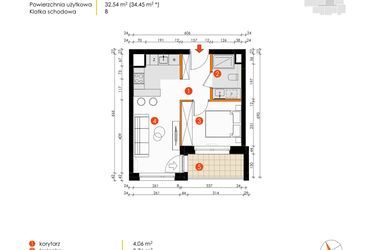 Rzut - Mieszkanie na sprzedaż 2 pokoje o powierzchni 32,54 m² - numer B.2.2 w Platanowy Park etap IV