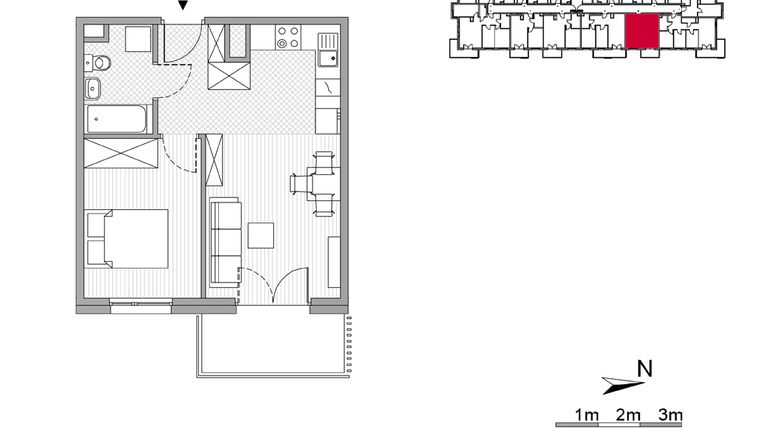 Rzut - Mieszkanie na sprzedaż 2 pokoje o powierzchni 37,58 m² - numer 28 w ul. Powstańców/os. Piastów bud. F