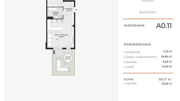 Rzut - Mieszkanie na sprzedaż 2 pokoje o powierzchni 58,31 m² - numer A0.11 w Enklawa Bukowa