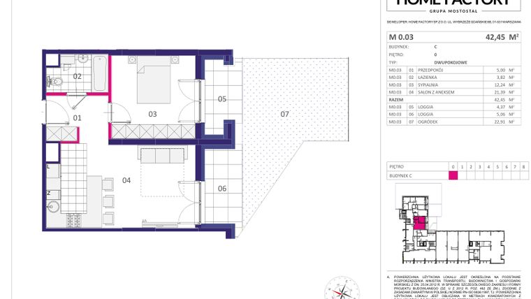 Rzut - Mieszkanie na sprzedaż 2 pokoje o powierzchni 42,45 m² - numer M0.03 w Home Factory etap III