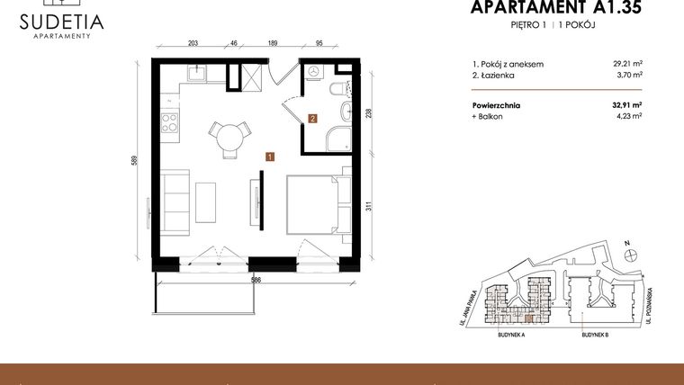Rzut - Mieszkanie na sprzedaż 1 pokój o powierzchni 32,91 m² - numer A 1.35 w Apartamenty Sudetia