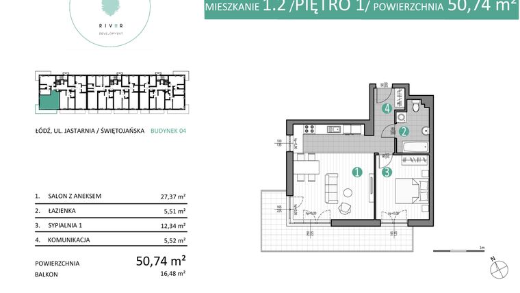 Rzut - Mieszkanie na sprzedaż 2 pokoje o powierzchni 50,74 m² - numer 04.1.2 w Port Jastarnia bud. 01, 04