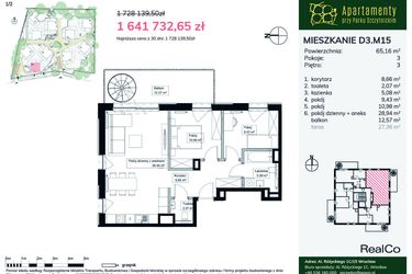 Rzut - Mieszkanie na sprzedaż 3 pokoje o powierzchni 65,16 m² - numer D3.M15 w Apartamenty przy Parku Szczytnickim
