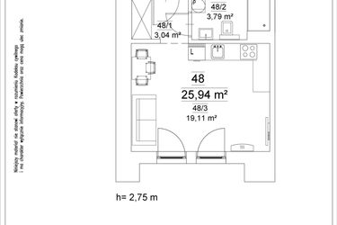 Rzut - Mieszkanie na sprzedaż 1 pokój o powierzchni 25,94 m² - numer 48 w Osiedle Teatralne 19 - apartamenty inwestycyjne