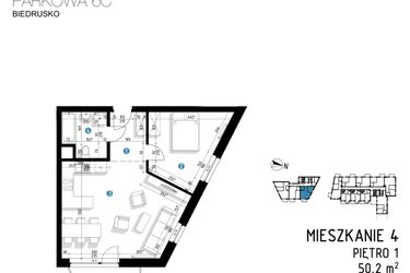 Rzut - Mieszkanie na sprzedaż 2 pokoje o powierzchni 50,2 m² - numer 6C.4 w Parkowa 6AC - ETAP III