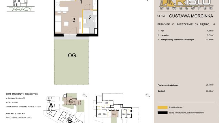 Rzut - Mieszkanie na sprzedaż 1 pokój o powierzchni 28,5 m² - numer C3 w Krzesławickie Tarasy