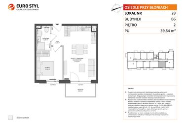 Rzut - Mieszkanie na sprzedaż 2 pokoje o powierzchni 39,54 m² - numer B6.28 w Osiedle Przy Błoniach 3 etap IV
