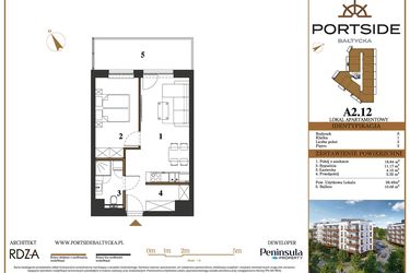 Rzut - Mieszkanie na sprzedaż 2 pokoje o powierzchni 39,48 m² - numer A2.12 w Portside Bałtycka