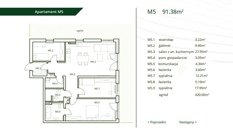 Rzut - Mieszkanie na sprzedaż 4 pokoje o powierzchni 91,38 m² - numer M5 w Apartamenty Nowa Rąbieńska