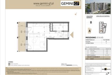 Rzut - Mieszkanie na sprzedaż 1 pokój o powierzchni 27,86 m² - numer A7/4/49 w GEMINI G-7