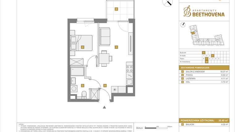Rzut - Mieszkanie na sprzedaż 2 pokoje o powierzchni 35,4 m² - numer A80 w Apartamenty Beethovena