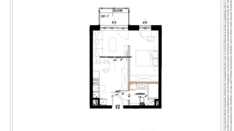 Rzut - Mieszkanie na sprzedaż 2 pokoje o powierzchni 39,44 m² - numer B.2.85 w Daszyńskiego Square etap 1