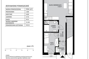 Rzut - Mieszkanie na sprzedaż 2 pokoje o powierzchni 43,11 m² - numer D3 w Kowalove etap 2