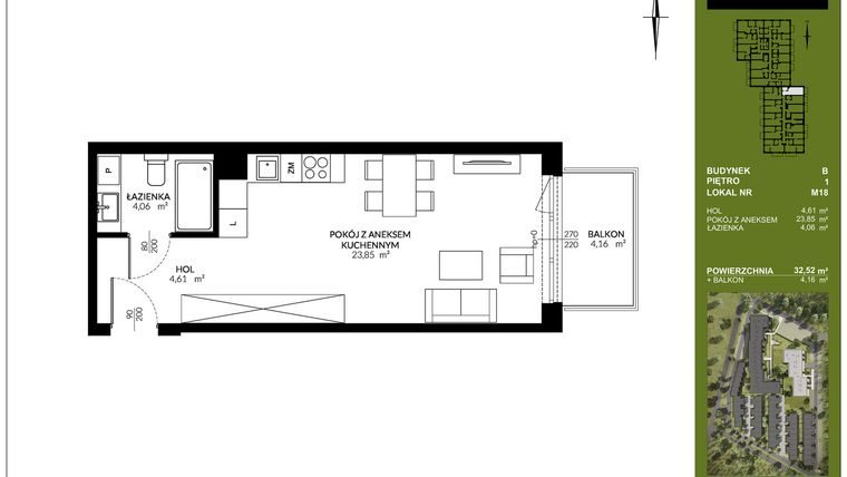 Rzut - Mieszkanie na sprzedaż 1 pokój o powierzchni 32,52 m² - numer B_M18 w Triton Kampinos III