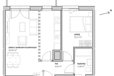 Rzut - Mieszkanie na sprzedaż 2 pokoje o powierzchni 44,92 m² - numer A.02.027 w Unii Lubelskiej Vita