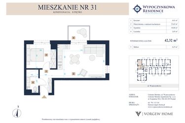 Rzut - Mieszkanie na sprzedaż 2 pokoje o powierzchni 42,32 m² - numer 31 w Wypoczynkowa Residence