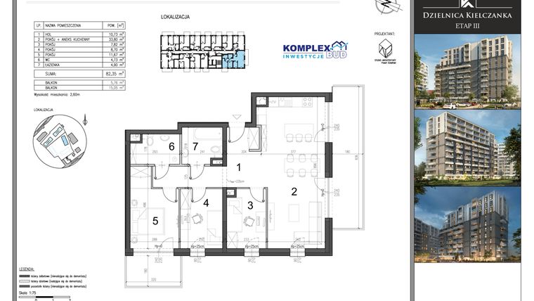 Rzut - Mieszkanie na sprzedaż 1 pokój o powierzchni 82,35 m² - numer M34 w Dzielnica Kielczanka etap III