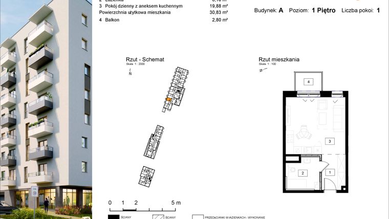 Rzut - Mieszkanie na sprzedaż 1 pokój o powierzchni 30,83 m² - numer A.5 w Osiedle Kochanowskiego - Gliwice