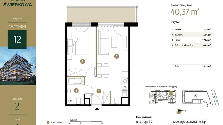 Rzut - Mieszkanie na sprzedaż 2 pokoje o powierzchni 40,37 m² - numer M.12 w Rezydencja Świerkowa - etap II
