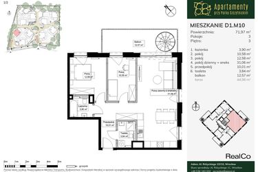 Rzut - Mieszkanie na sprzedaż 3 pokoje o powierzchni 71,97 m² - numer D1.M10 w Apartamenty przy Parku Szczytnickim