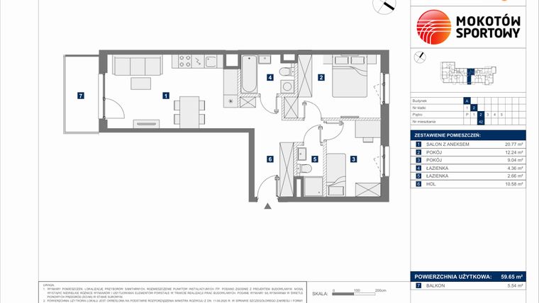 Rzut - Mieszkanie na sprzedaż 3 pokoje o powierzchni 59,65 m² - numer A.42 w Mokotów Sportowy