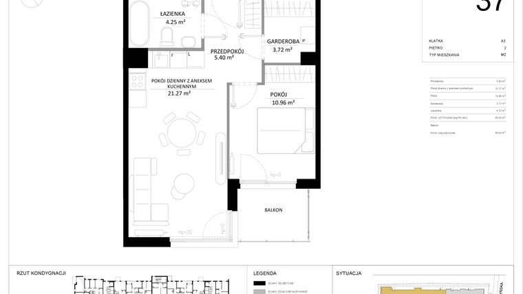 Rzut - Mieszkanie na sprzedaż 2 pokoje o powierzchni 45,6 m² - numer 37 w SILO
