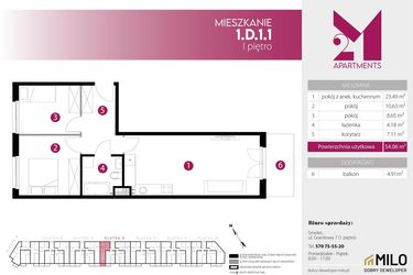 Rzut - Mieszkanie na sprzedaż 3 pokoje o powierzchni 54,06 m² - numer 1.D.1.1 w 2M Apartments etap IV
