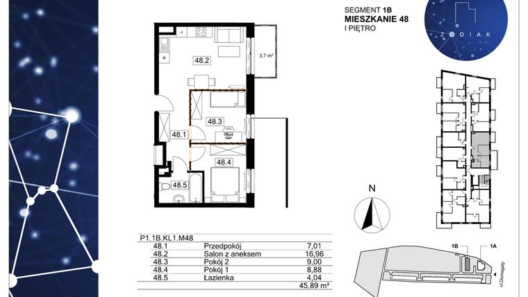 Rzut - Mieszkanie na sprzedaż 3 pokoje o powierzchni 45,89 m² - numer 39/48 w Zodiak