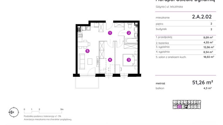Rzut - Mieszkanie na sprzedaż 2 pokoje o powierzchni 51,26 m² - numer 2.A.2.02 w Murapol Osiedle Dynamiq