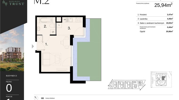 Rzut - Mieszkanie na sprzedaż 1 pokój o powierzchni 26,34 m² - numer D - M.2 w Dzielnica Trust - etap I