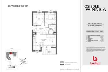 Rzut - Mieszkanie na sprzedaż 3 pokoje o powierzchni 60,24 m² - numer B23 w Osiedle Winnica L9