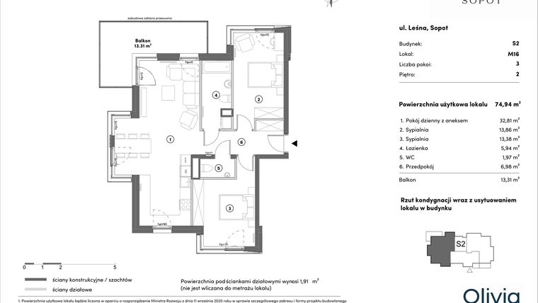 Rzut - Mieszkanie na sprzedaż 3 pokoje o powierzchni 74,94 m² - numer s2.2.16 w Leśna Sopot