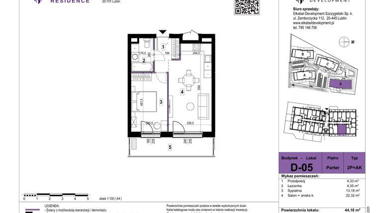 Rzut - Mieszkanie na sprzedaż 2 pokoje o powierzchni 44,18 m² - numer D-05 w Szerokie Residence
