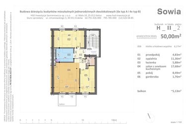 Rzut - Mieszkanie na sprzedaż 3 pokoje o powierzchni 50 m² - numer H2 w Sowia
