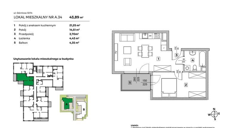 Rzut - Mieszkanie na sprzedaż 2 pokoje o powierzchni 43,89 m² - numer A.34 w Parkove Love