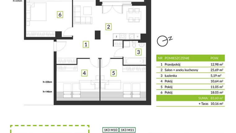 Rzut - Mieszkanie na sprzedaż 4 pokoje o powierzchni 83,6 m² - numer 1K1 M12 w Osiedle Krzeptów przy lesie