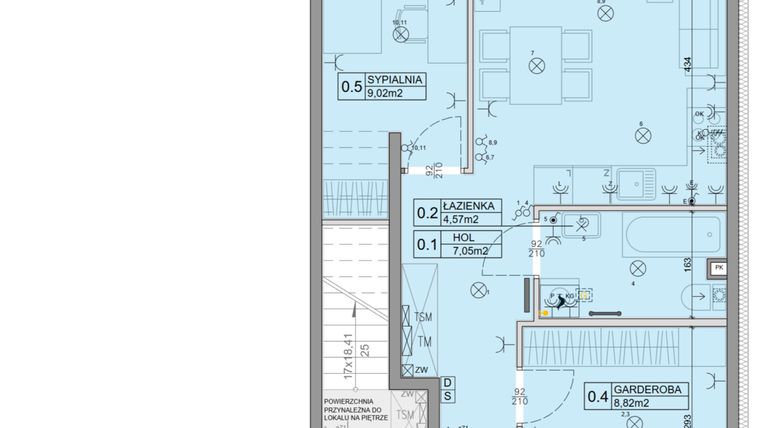Rzut - Mieszkanie na sprzedaż 3 pokoje o powierzchni 46,34 m² - numer 45 w Manufaktura Marki 2 etap II