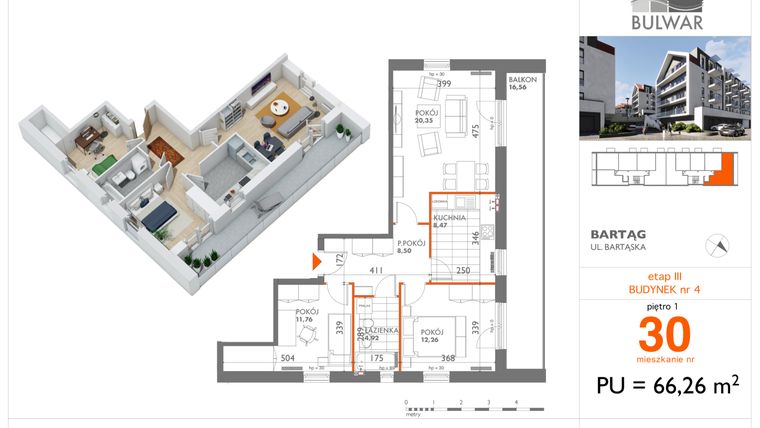 Rzut - Mieszkanie na sprzedaż 3 pokoje o powierzchni 66,26 m² - numer 30 w Osiedle Bulwar bud. 4