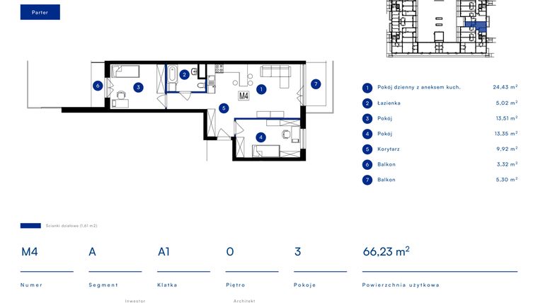 Rzut - Mieszkanie na sprzedaż 3 pokoje o powierzchni 66,23 m² - numer 4A w Przy Bursztynowej