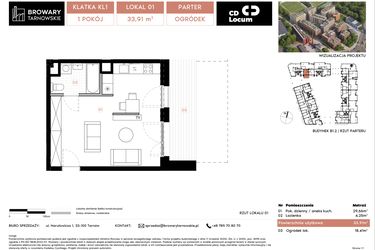 Rzut - Mieszkanie na sprzedaż 1 pokój o powierzchni 33,91 m² - numer B1.2.1 w Browary Tarnowskie etap 1