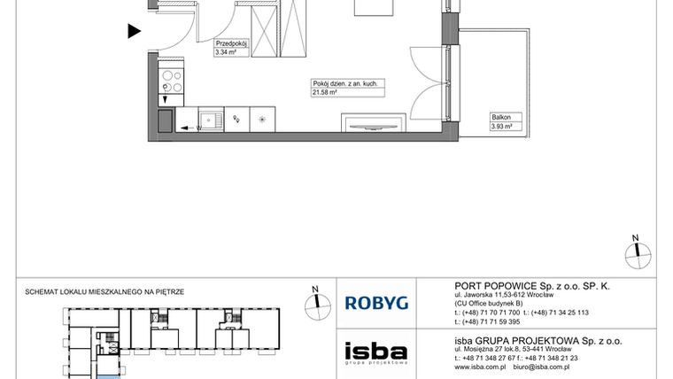 Rzut - Mieszkanie na sprzedaż 1 pokój o powierzchni 28,59 m² - numer PPO/W/A/2/2 w Port Popowice bud. W