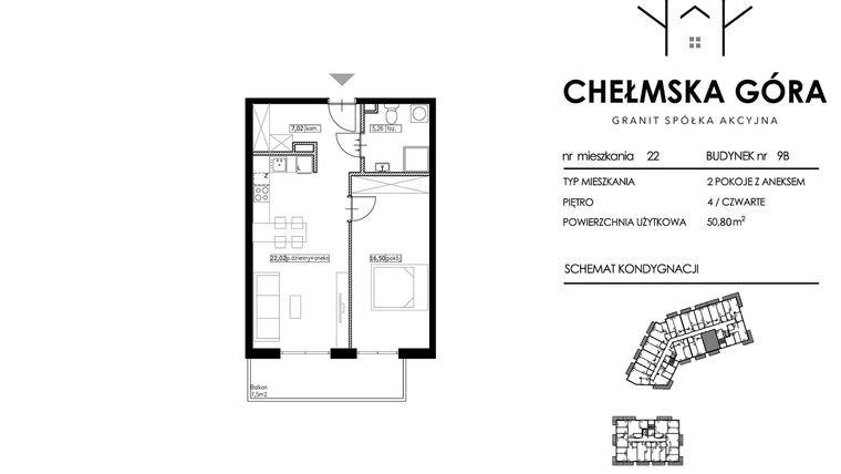 Rzut - Mieszkanie na sprzedaż 2 pokoje o powierzchni 50,8 m² - numer C-9B-M22 w Chełmska Góra