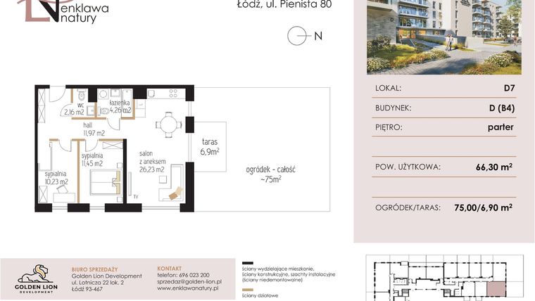 Rzut - Mieszkanie na sprzedaż 3 pokoje o powierzchni 66,3 m² - numer D7 w Enklawa Natury