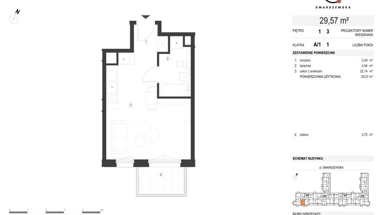 Rzut - Mieszkanie na sprzedaż 1 pokój o powierzchni 29,57 m² - numer A/1/1.3 w Smardzewska 8